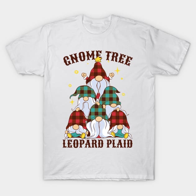 Gnome Tree - Leopard Plaid Christmas T-Shirt by Life2LiveDesign